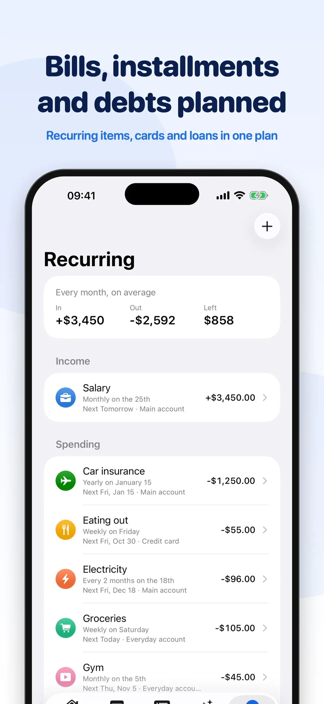 Plan: bills, installments and debts in one place
